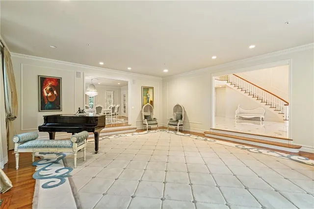a living room with furniture and a table