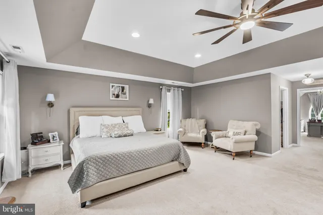 a bedroom with a bed and ceiling fan