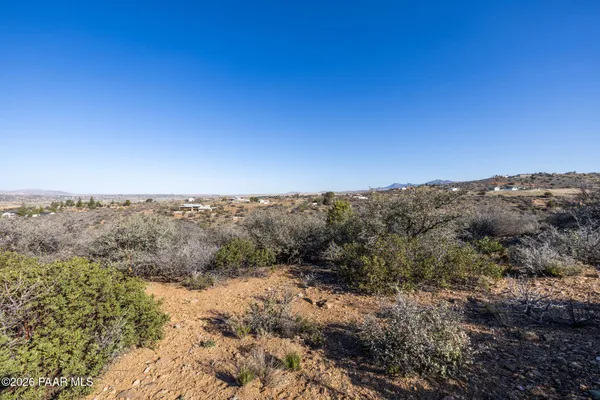 a view of a dry yard with mountains in the background