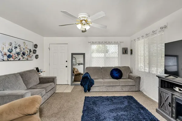 a living room with furniture and a fireplace