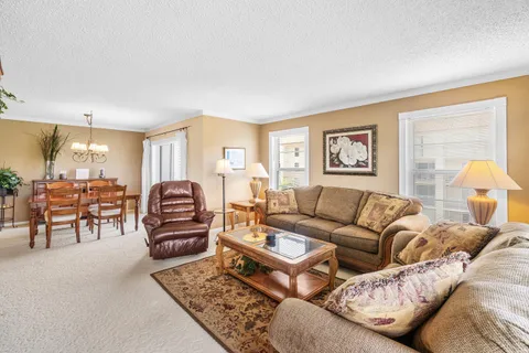 a living room with furniture a rug and a window