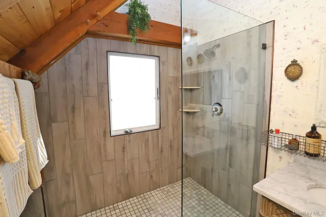 a bathroom with a shower and a sink