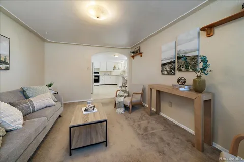 a living room with furniture and a potted plant
