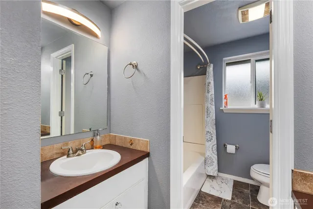 a bathroom with a sink a toilet and a mirror