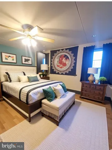 a bedroom with furniture and a bed