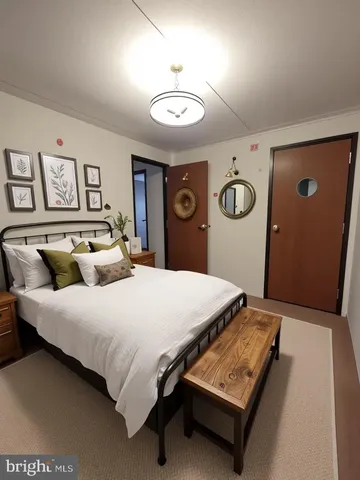 a bedroom with a bed and painting on the wall