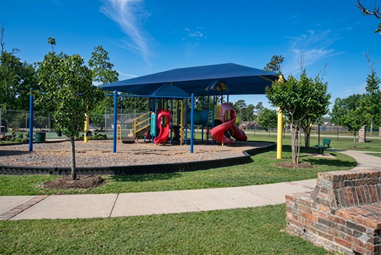 2930 Ribbon Creek Way Spring, TX 77389 - Photo 24 of 25 Charming neighborhood playground featuring a covered play structure, surrounded by lush greenery and a walking path, perfect for family enjoyment.