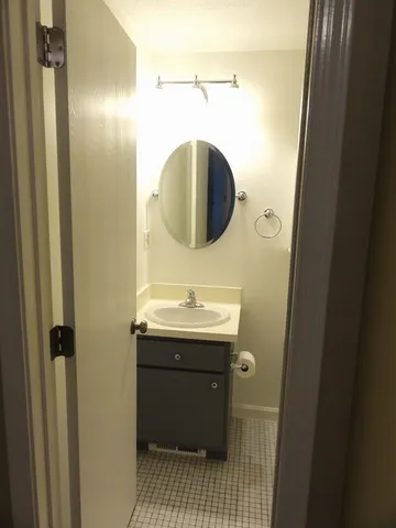 a bathroom with a sink and mirror