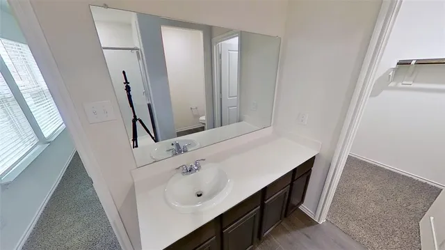 a bathroom with a sink and a mirror