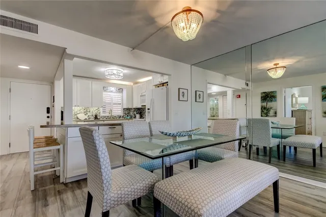 a view of a dining room with furniture