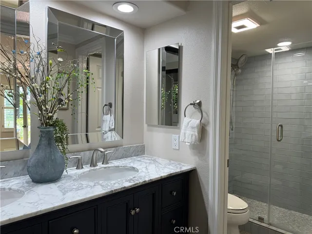 a bathroom with a granite countertop sink a toilet and shower