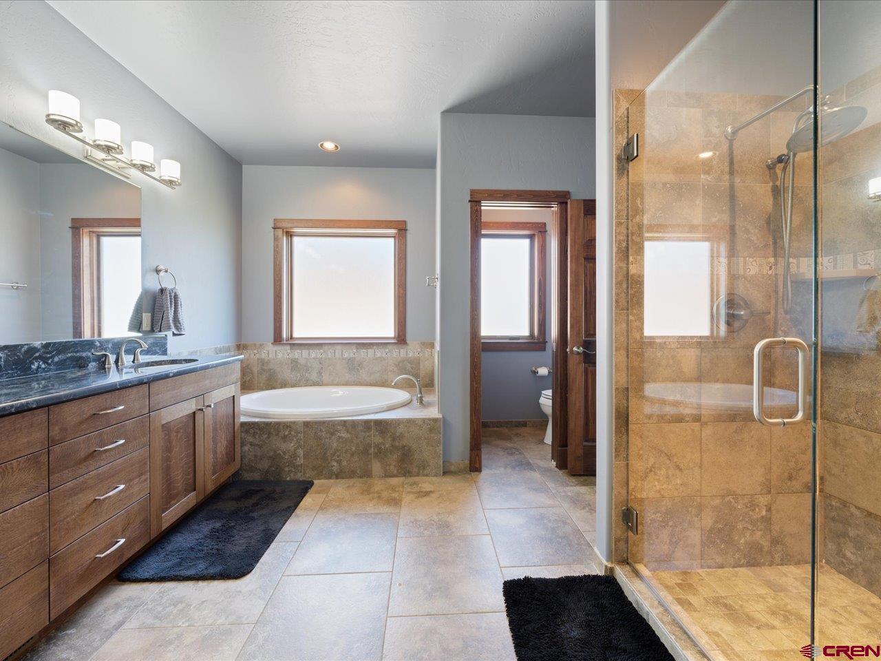 20784 6840th Road Montrose, CO 81403 - Photo 25 of 35 a bathroom with a granite countertop sink a toilet a mirror and shower