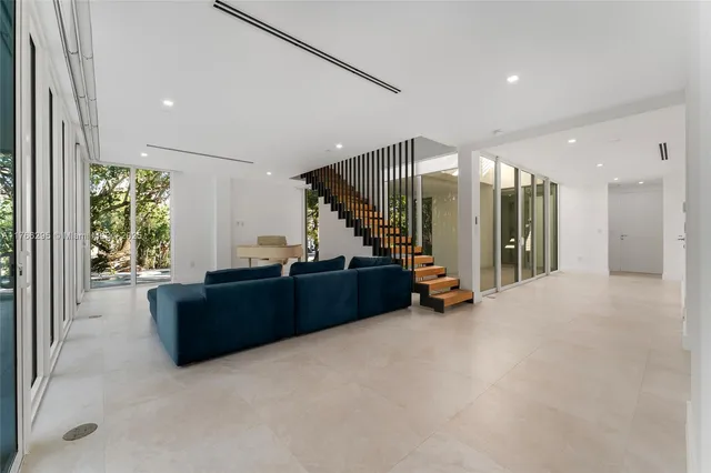 a view of a building with seating space