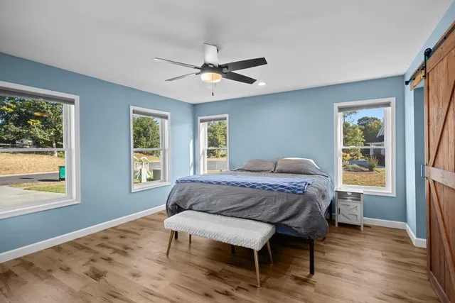a living room with furniture and a ceiling fan