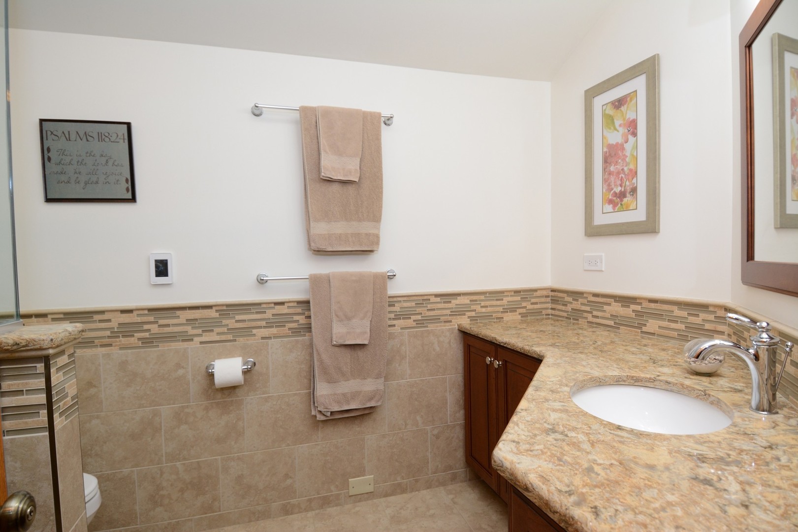37W271 Weld Road Elgin, IL 60124 - Photo 19 of 34 a bathroom with a granite countertop sink a toilet and mirror