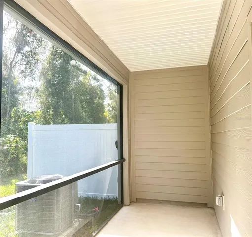 a view of a balcony from a window