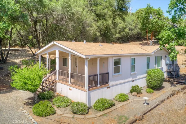 a aerial view of a house with a yard and potted plants