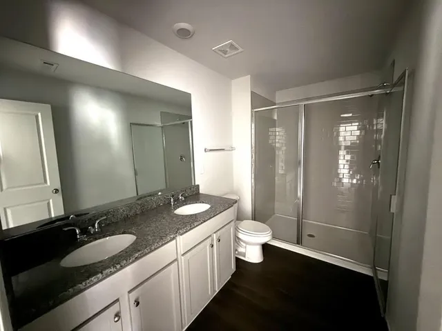 a bathroom with a double vanity sink toilet mirror and shower