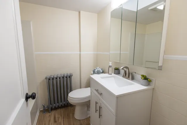 a bathroom with a sink a toilet and a mirror