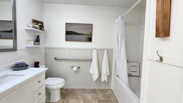 a bathroom with a toilet sink and mirror
