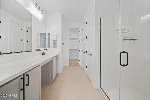 a bathroom with a double vanity sink a mirror and a shower