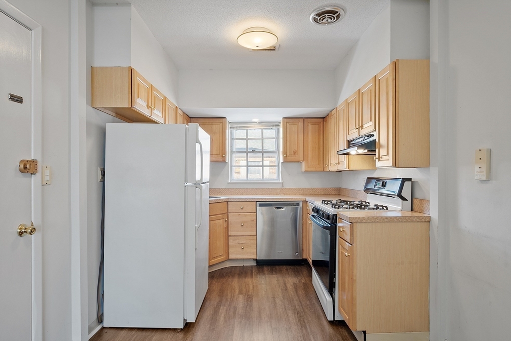 170 Lake Shore Road, Unit 4 Boston, MA 02135 - Photo 4 of 36 a kitchen with a stove a sink and a refrigerator