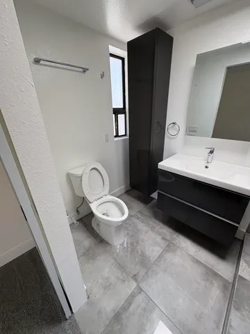 a bathroom with a toilet a sink and mirror