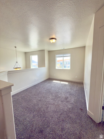 1823 South Longview Road Santaquin, UT 84655 - Photo 30 of 69 Carpeted loft space featuring multiple windows, a ceiling-mounted light fixture, and a pendant light fixture
