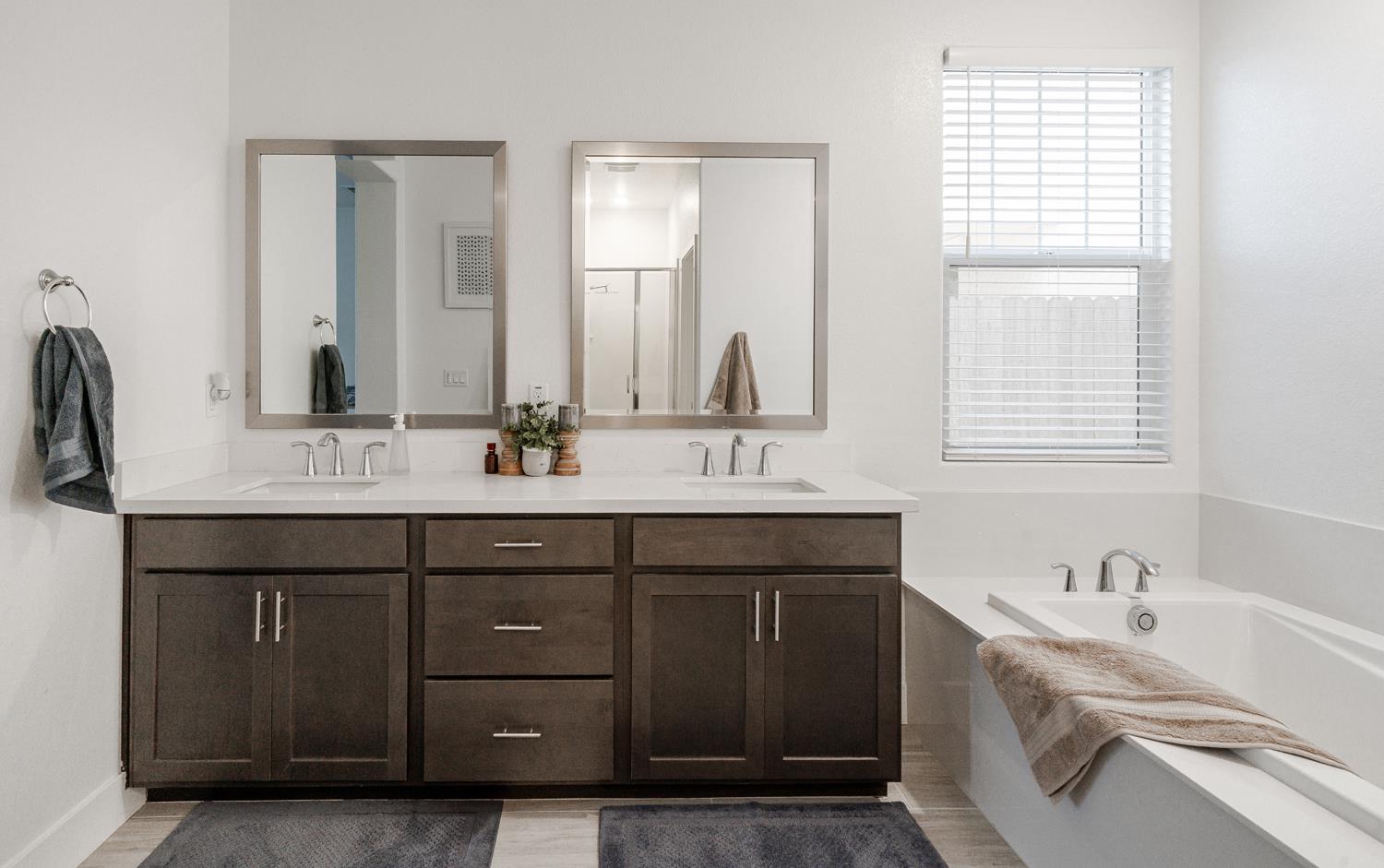 4414 Hawkfinch Circle Rancho Cordova, CA 95742 - Photo 31 of 40 a bathroom with a double vanity sink and mirror with bathtub