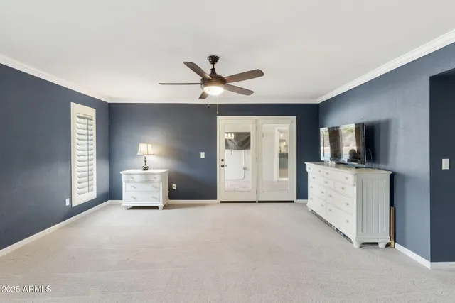a view of a room with a chair and potted plant