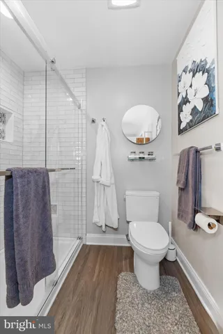 a bathroom with a toilet and a shower