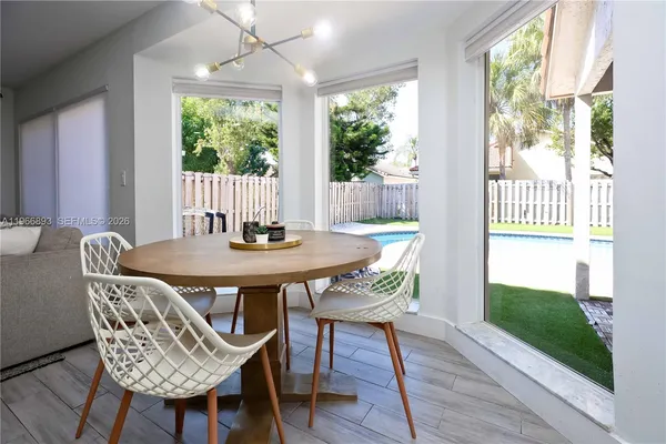 a view of a dining room with furniture window and wooden floor