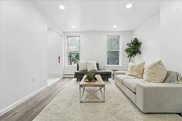 a living room with furniture and a potted plant