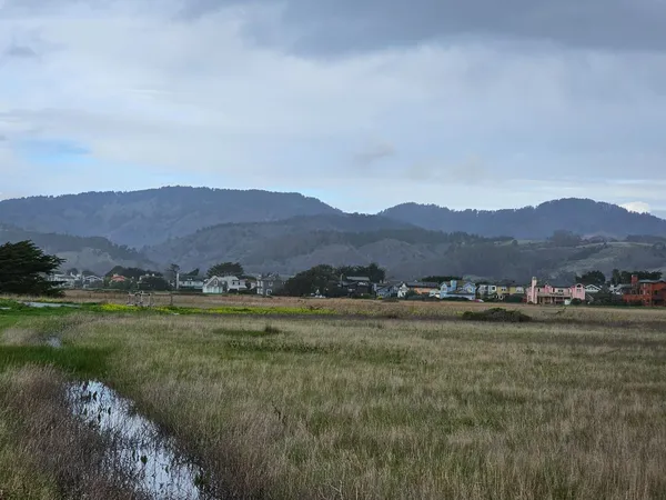 a view of mountains and grassy field