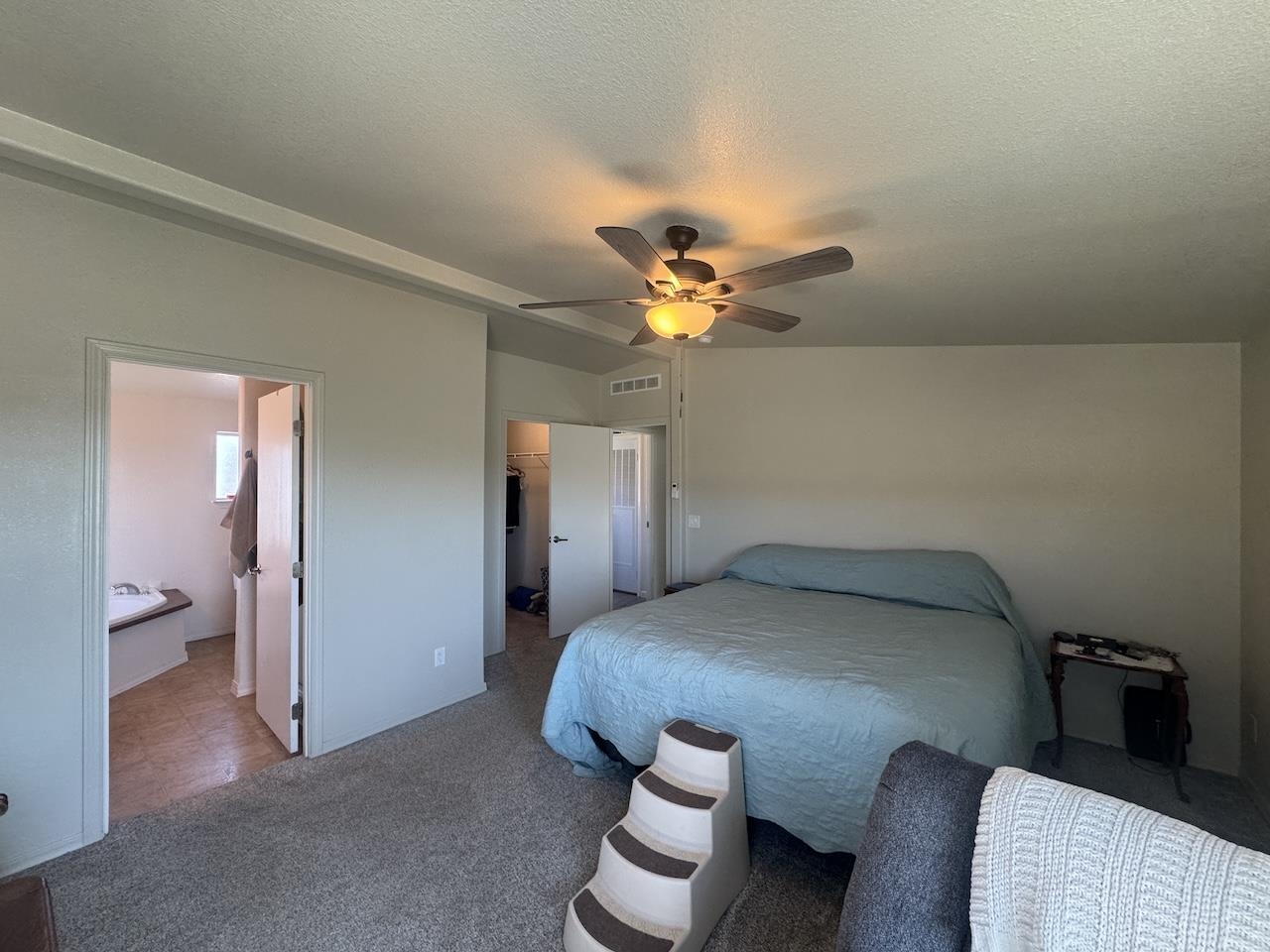 352 Wofford Road, Unit 4 Bishop, CA 93514 - Photo 16 of 40 Bedroom featuring a spacious closet, carpet, ceiling fan, a textured ceiling, and ensuite bathroom