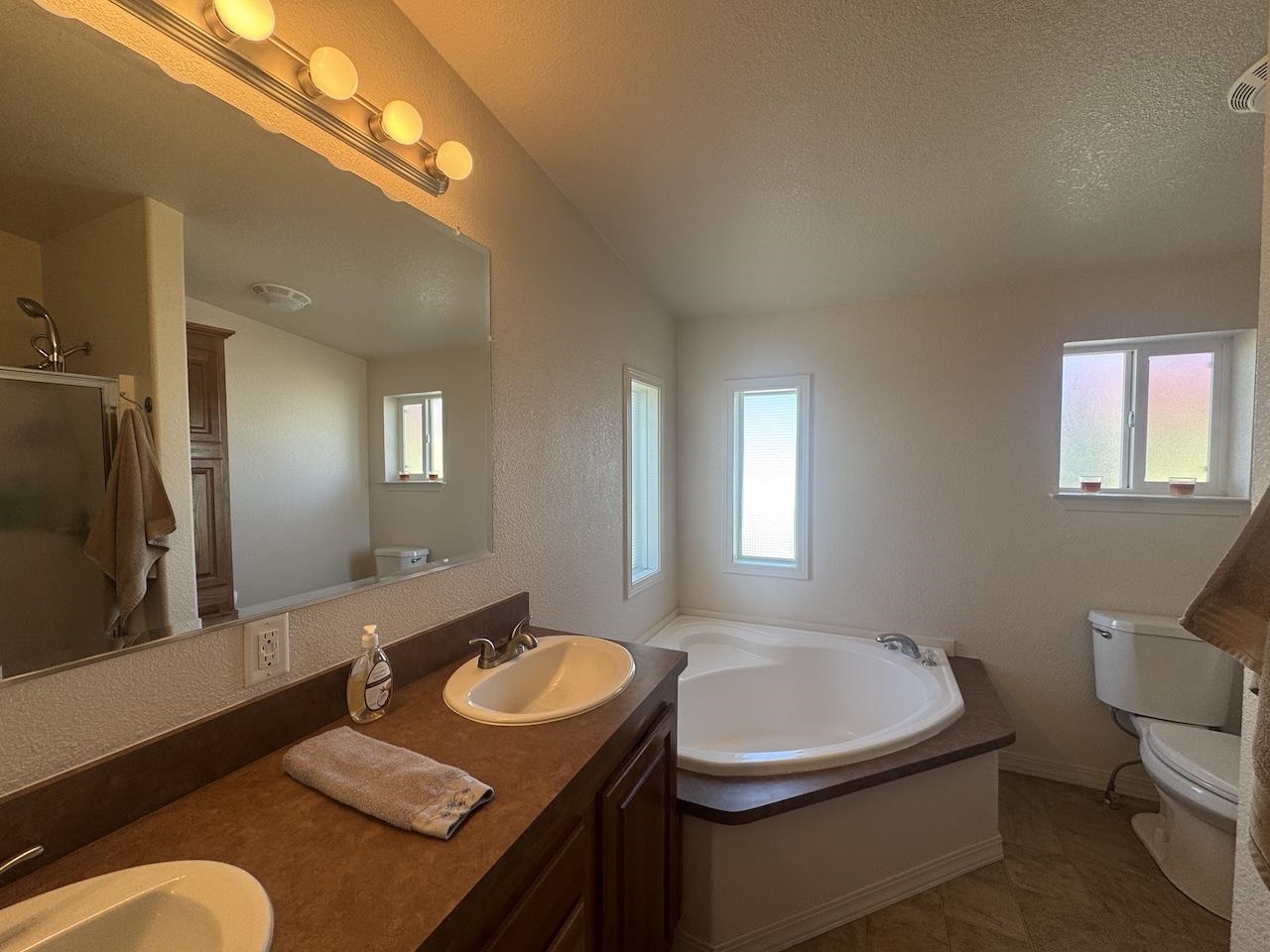 352 Wofford Road, Unit 4 Bishop, CA 93514 - Photo 18 of 40 Bathroom featuring double vanity, a bath, plenty of natural light, a shower with shower door, and a textured wall