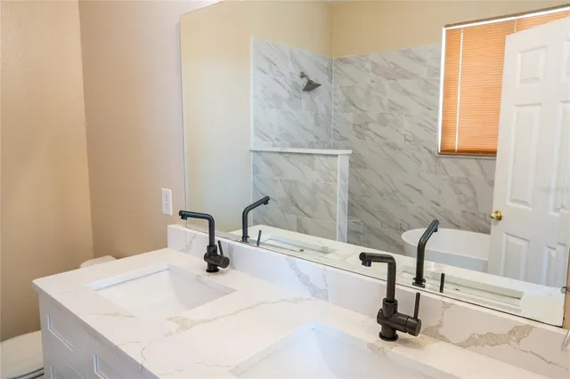 a bathroom with a bathtub