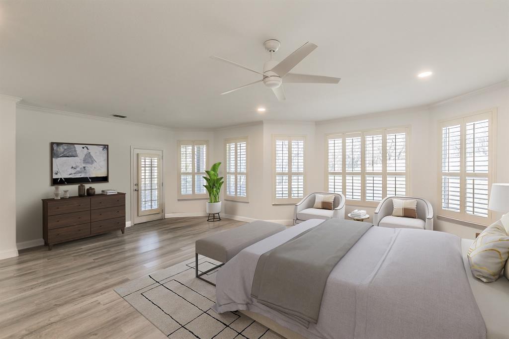 12548 Avondale Ridge Drive Fort Worth, TX 76179 - Photo 19 of 40 Bedroom featuring light wood-style flooring, crown molding, baseboards, and ceiling fan. Virtually staged.