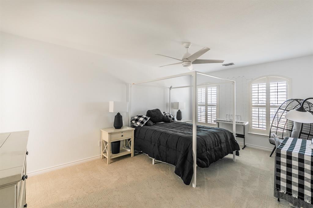 12548 Avondale Ridge Drive Fort Worth, TX 76179 - Photo 31 of 40 Bedroom with visible vents, light carpet, baseboards, and ceiling fan