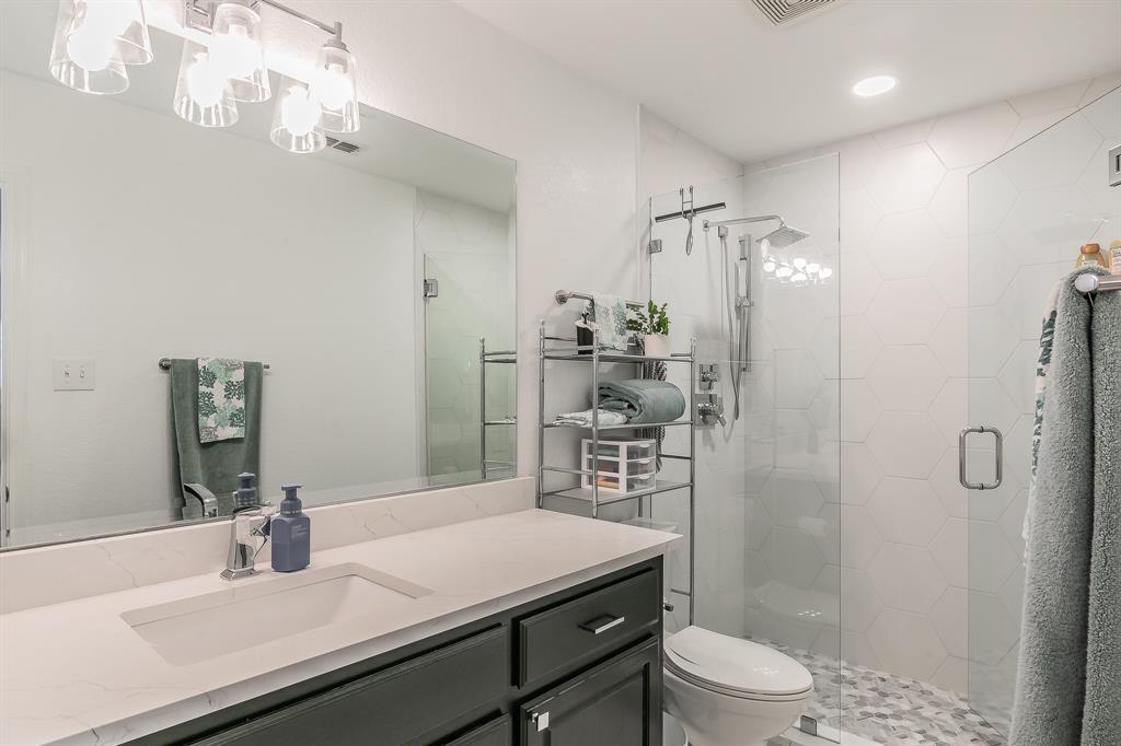 12548 Avondale Ridge Drive Fort Worth, TX 76179 - Photo 34 of 40 Bathroom featuring vanity, a shower stall, toilet, and visible vents