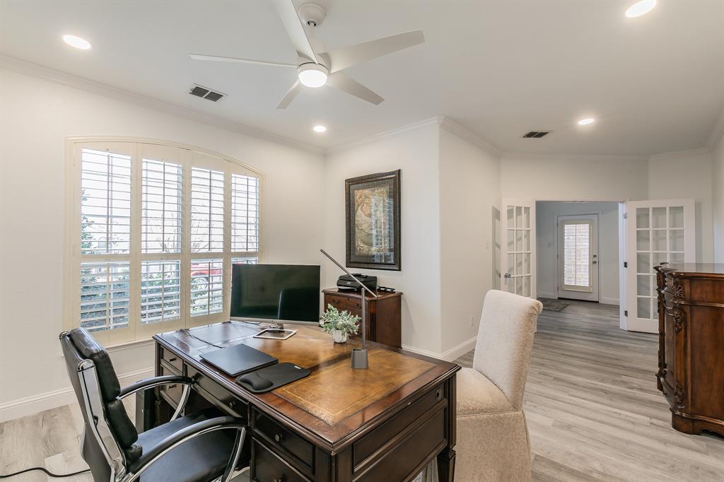 12548 Avondale Ridge Drive Fort Worth, TX 76179 - Photo 10 of 40 Office featuring visible vents, light wood-style floors, ornamental molding, and french doors