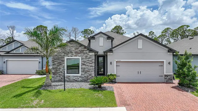 a view of a yard with palm trees