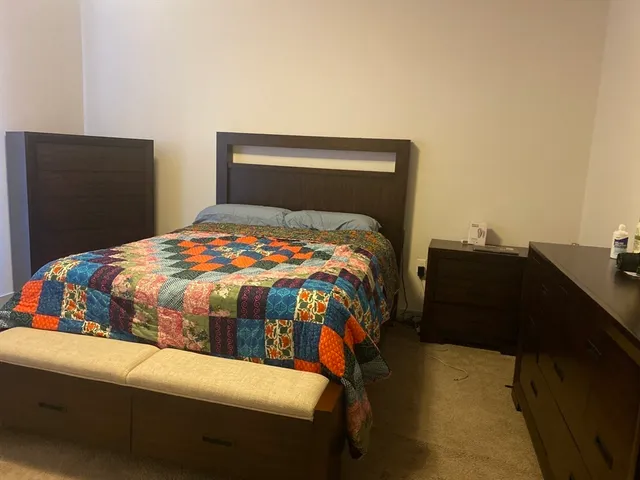 a bedroom with a bed and dresser
