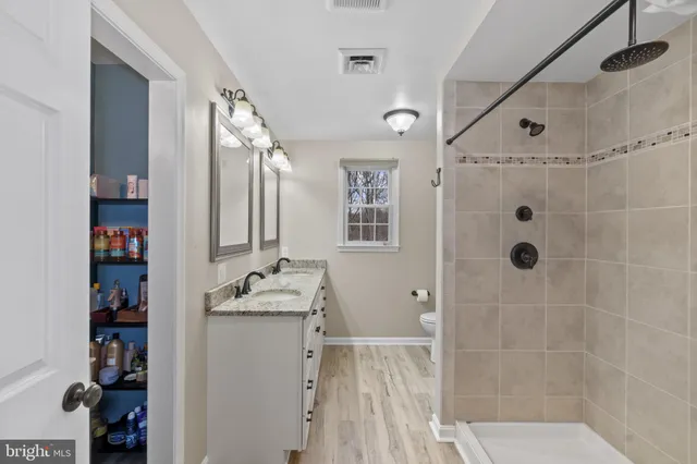 a bathroom with a granite countertop shower a sink and a mirror