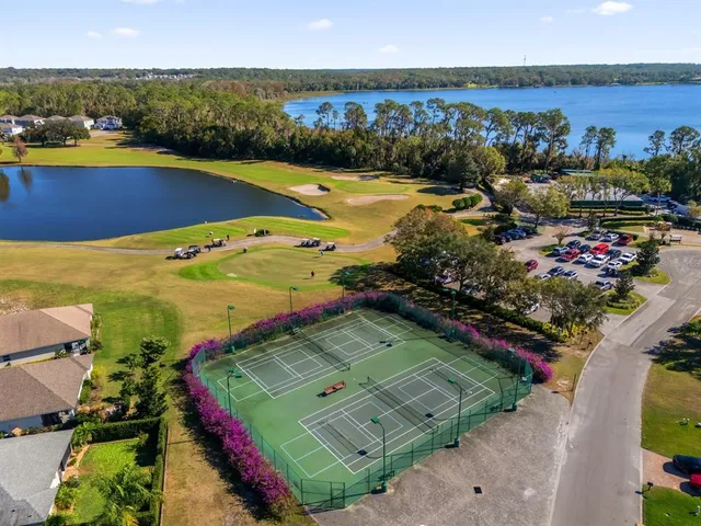 an aerial view of a pool