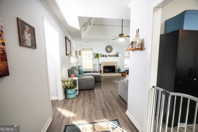 a living room with furniture a fireplace and a ceiling fan