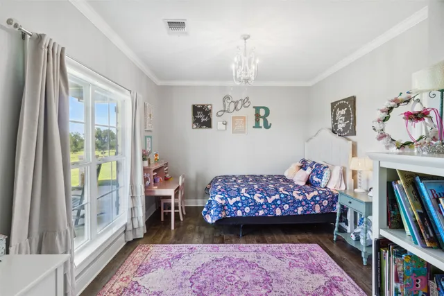 a bedroom with furniture and a book shelf