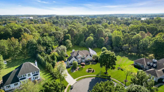 an aerial view of residential houses with outdoor space and trees