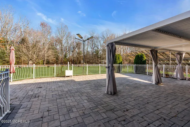 a view of a grassy field with trees in the background