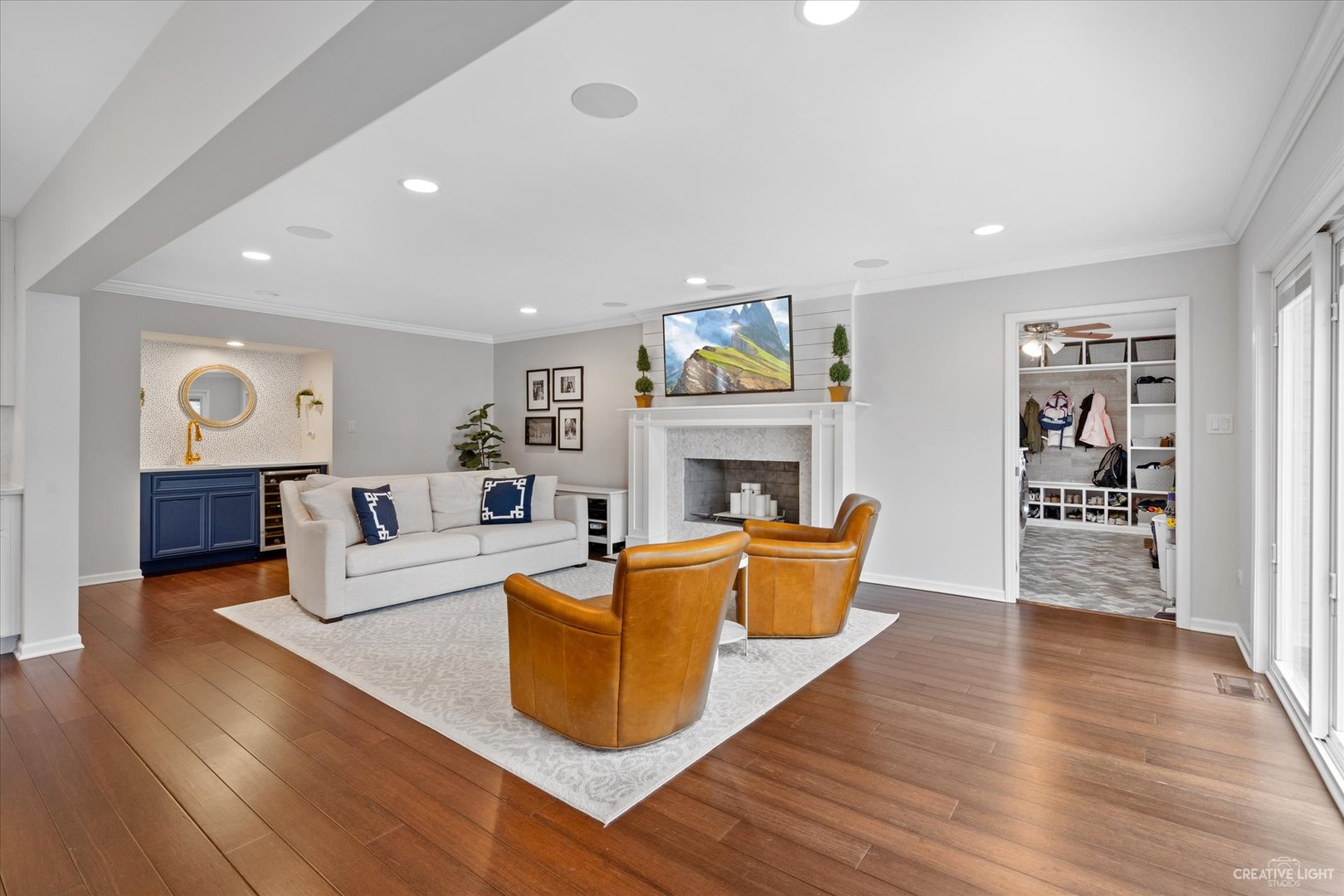 734 Forest Glen Lane Oak Brook, IL 60523 - Photo 13 of 36 a living room with fireplace furniture and a wooden floor